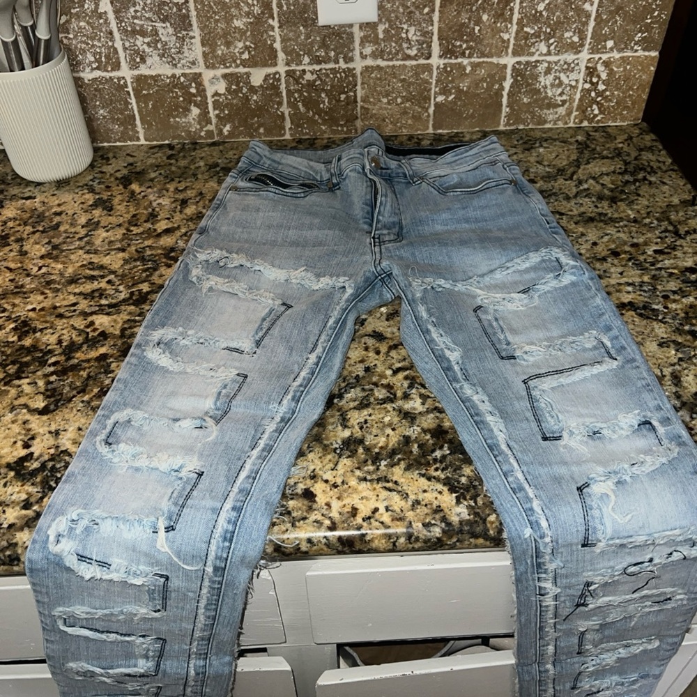 Men's Light Blue Ripped Slim Jeans